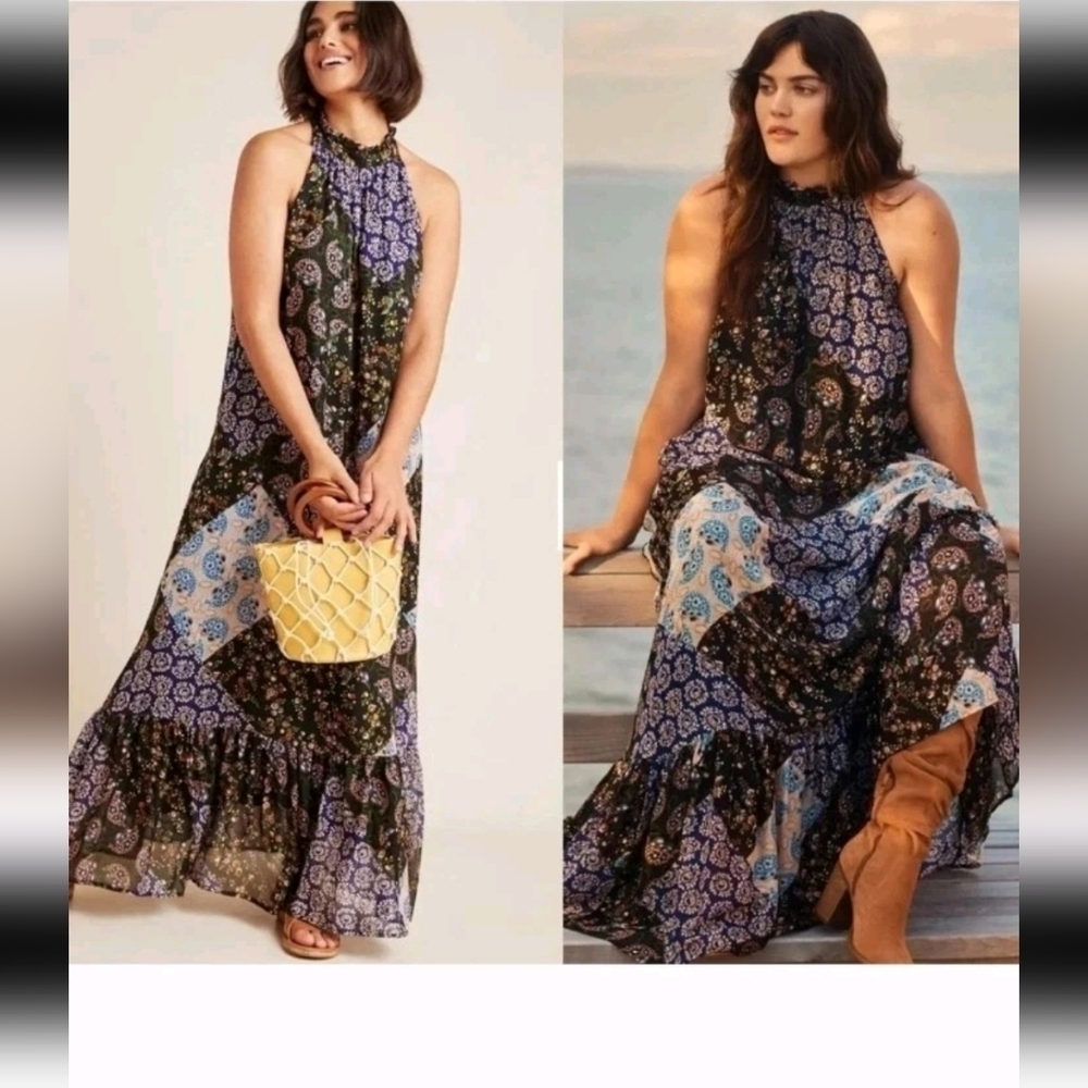 Maeve Anthropologie Womens Halter Maxi Patchwork Floral Boho Katrina Dress S